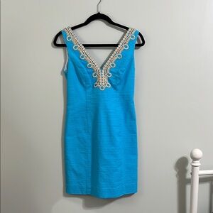 Blue Sleeveless Dress with Embellished Neckline